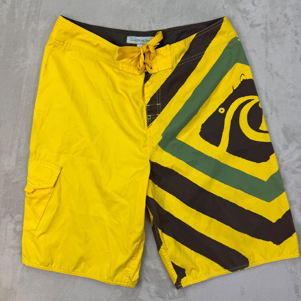 Quiksilver Edition Board Shorts Mens 36 Yellow Graphic Surf Swim Trunks (Stains)